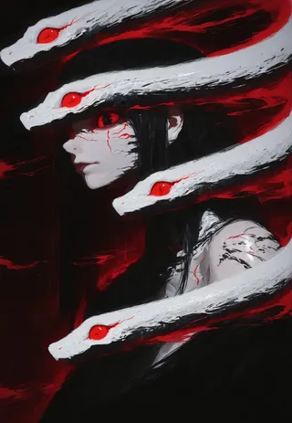 Closeup cyberpunk noir style portrait of a female with slicked back black hair and glowing red eyes surrounded by white snakes with red eyes, intense red and black high contrast digital grunge art