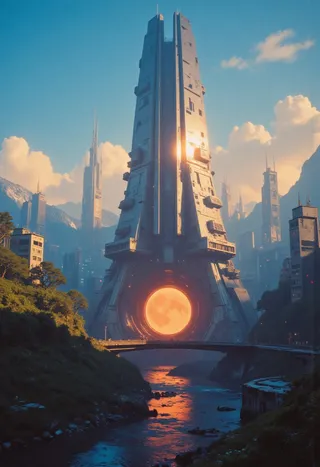 A futuristic Japanese cityscape at dusk featuring a towering skyscraper with a glowing vortex-shaped portal at its base, reflected sunlight, and a river running through a lush valley.