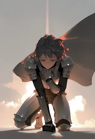 A serious young knight with short hair in shining armor and a flowing cape is kneeling on one knee outdoors under sunlight with the sky and clouds in the background.