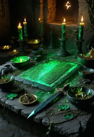 A cracked stone altar bearing glowing emerald tablets emitting green arcane light, surrounded by burning green candles, obsidian bowls with serpent carvings, dried herbs, lotus blossoms, and a sacrificial dagger with an onyx hilt, all under moody lighting in a desert temple setting.