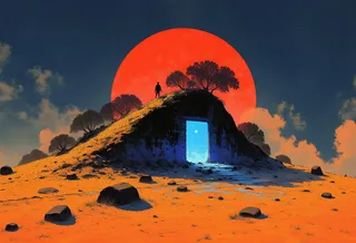 Surreal desert landscape featuring a glowing red sun setting behind a hill with trees, a glowing blue mystical portal embedded in the hillside, and a silhouetted figure standing atop the hill.