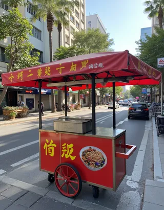 Red noodle cart with yellow Chinese characters and a food image on a busy street in a Chinese city with palm trees and cars in the background.