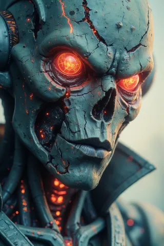 Close-up hyper-realistic portrait of a Zerg character featuring cracked exoskeleton, glowing bioluminescent eyes, and detailed organic textures with high contrast lighting.