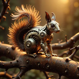 Highly detailed ancient mechanical squirrel with ornate design perched on a rusty metal tree branch illuminated by a warm glowing light.