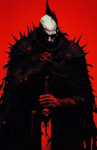 Menacing warrior with a scarred bald head and a wild tuft of hair, wearing a spiked tattered black cloak, gripping a blood-stained sword with a skull hilt against a vivid red background.