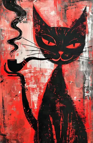 Abstract red and black artwork depicting a stylized black cat with red eyes smoking a pipe with swirling smoke.