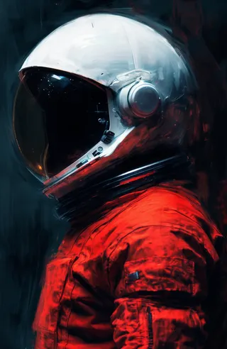 Futuristic astronaut wearing a red suit and a white helmet viewed from the side against a dark, abstract background in impressionism style.