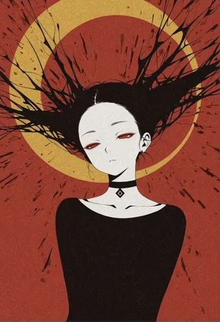 Stylized portrait of a woman with a black choker and black hair spreading out, set against a red background with a yellow circle and dynamic black splatters