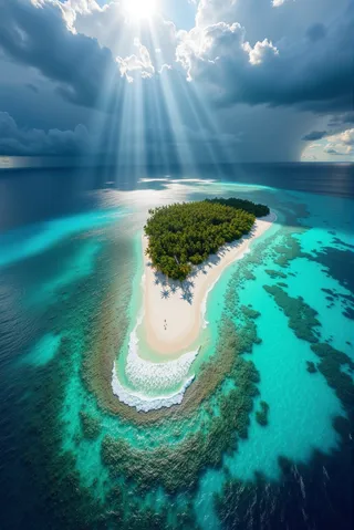 Aerial view of a tropical island with white sand beach surrounded by turquoise waters and coral reefs, palm tree shadows on the sand, illuminated by sun rays piercing storm clouds.