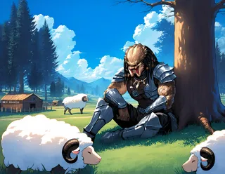 A muscular male Yautja wearing armor sits against a tree on a grassy farm, surrounded by sheep under a blue sky with large white clouds.