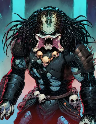 Muscular male Yautja character in detailed armor with skull necklaces and sharp teeth, portrayed in a comic style looking at the viewer.