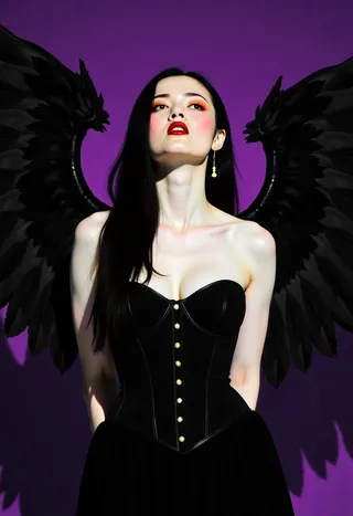 Portrait of a pale-skinned woman with long black hair, wearing a structured black corset and large black wings against a moody purple background. She has red lipstick and dramatic chiaroscuro lighting.