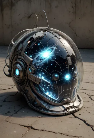 A futuristic cyberpunk helmet resting on a cracked concrete slab, with a transparent visor revealing a shining galaxy inside and blue-lit antennae.
