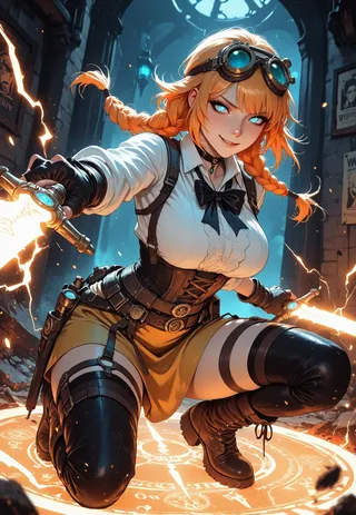 A fierce steampunk combat mage with glowing blue eyes and ginger braided ponytail crouches ready to strike, wielding a glowing spellblade in a ruined city lit by dramatic orange and blue lighting.