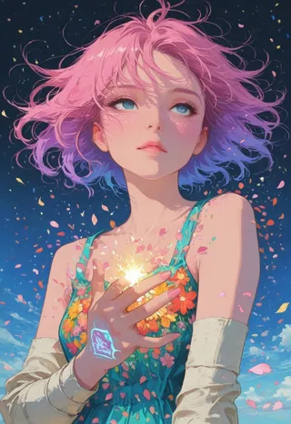 Digital art of a pink-haired girl with a flower-adorned dress casting magic energy surrounded by floating petals.