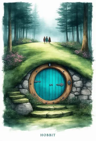 A hobbit house built into a lush green hillside with a circular teal blue door, stone steps, surrounded by pink and purple flowers, with a deep teal evergreen forest in the background and three small human figures.