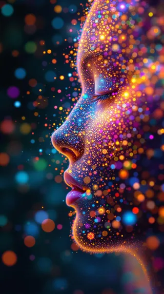 Abstract profile portrait of an android face composed of colorful quantum particle dots and cosmic light effects.