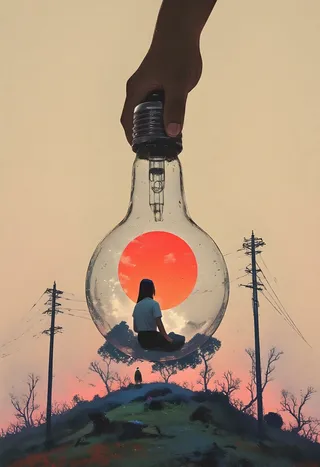 A young woman sitting inside a large reflective glass lightbulb held by a hand, against a minimalist background. Inside the bulb is a dreamlike landscape with telephone poles silhouetted against a pastel sunset sky featuring a warm orange sun.