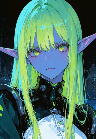 Close-up portrait of a cyberpunk elf girl with neon green hair, yellow eyes, subtle cybernetic features, and bold line art in anime style.