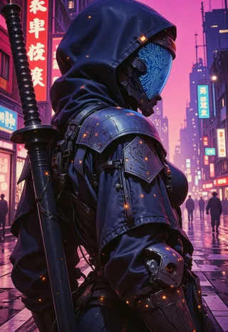 Side profile of a futuristic knight clad in cyberpunk streetwear and high-tech armor, standing on a neon-lit urban street at night with a katana on their back and a digital haze-filled holographic skyline.