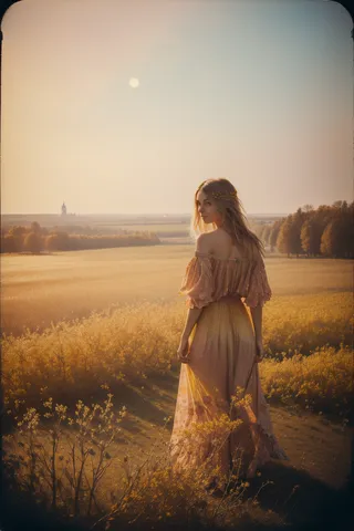 A hippie girl wearing an off-shoulder dress stands in a vast field in Poland at dawn, bathed in soft, muted sunlight with yellow wildflowers around her.