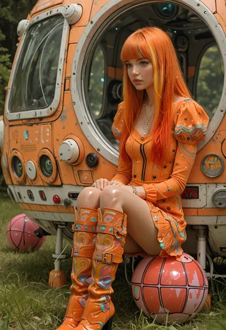 Photorealistic image of a young woman with long vibrant orange hair and pink highlights wearing an orange futuristic outfit with puffed sleeves and colorful knee boots, sitting in front of an orange spaceship with a circular window, set against a lush green forest background.