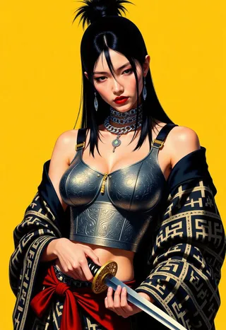 Stylized digital illustration of a fierce woman with black hair in a messy updo, wearing a chrome silver breastplate over a black and white kimono with Aztec patterns, holding a katana with a golden handle against a vivid yellow background.