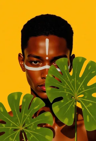 Digital illustration of a young Nigerian man with short curly hair, warm brown skin adorned with bold white tribal face paint, partially obscured by large green Calathea leaves against a vibrant yellow background.