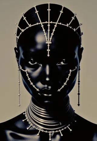 Portrait of a dark-skinned woman with a stoic expression wearing a chrome silver crown decorated with geometric diamond patterns, a diamond-encrusted necklace, and a delicate diamond cascade face ornament with radiant diamonds reflecting soft light.