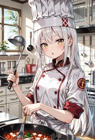 Anime-style young female chef with white hair and golden eyes stirring food in a pan in a modern kitchen.