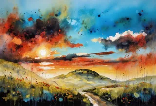 A vibrant sunset landscape featuring a colorful sky with red, blue, and yellow hues, wildflower meadow, tall grasses, and a winding path leading into distant hills.