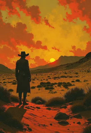 Oil painting of a cowboy silhouette wearing a long coat and hat, standing in a desert prairie at sunset with vibrant red and orange sky and long shadows.