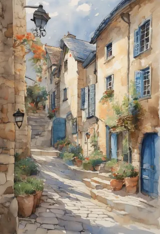 Watercolor painting of a charming European street scene featuring stone houses with blue roofs, stone stairs, black street lamps, potted plants, and soft sunlight.