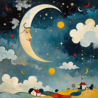 A crescent moon with a serene human face rests among whimsical clouds and bright stars in a dreamy night sky over colorful rolling hills and small houses.