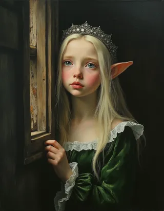 Close-up of a sad-looking teen elf princess with translucent white skin, platinum blond hair, blue eyes, wearing a silver circlet and green velvet dress, standing by a medieval window painted in Rembrandt style.