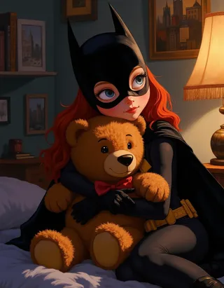 A young Batgirl with red hair, wearing her black and yellow iconic suit and mask, hugs a plush teddy bear in a warmly lit cozy bedroom with superhero-themed décor.