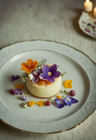 Elegant dessert garnished with colorful edible flowers on a vintage plate with soft lighting enhancing its refined textures and vintage aesthetic.