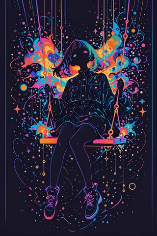 A stylized flat vector illustration of a girl with a jacket sitting on a swing surrounded by vibrant, colorful abstract patterns and high contrast lineart.