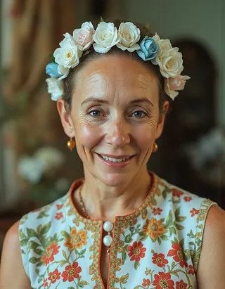 A smiling middle-aged woman wearing a floral crown of white, cream and blue roses and a sleeveless floral dress, captured with a vintage analog photography effect.