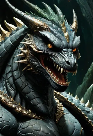 Close-up of a fierce Godzilla-like dragon with dark gray polygonal scales, golden horns, sharp teeth, and glowing orange eyes.