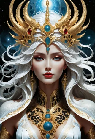 Portrait of an ethereal woman with white flowing hair, wearing a majestic golden crown adorned with blue and red gems, a white robe with golden details, and a serene expression