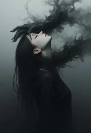 A surreal digital artwork depicting a pale-skinned woman with long dark hair, her eyes closed and head tilted back, enveloped by a dark smoky ethereal hand emerging from behind.