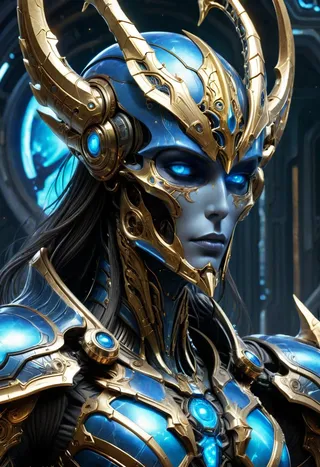 Close-up of a Protoss warrior with gray-blue metallic skin, glowing blue eyes, wearing ornate golden armor with blue energy crystals and intricate designs.