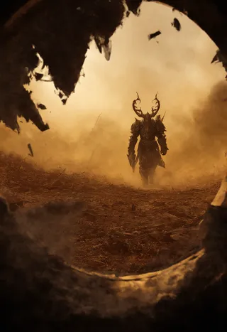 View from inside a cracked helmet looking out onto a desolate battlefield with a lone paladin in dented armor and horned helmet walking through ash and dust.