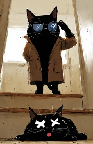 A black cat dressed as a detective in a brown coat is dramatically removing its sunglasses while looking down at a cartoonishly depicted murdered cat with white X eyes and tongue out, viewed from a low step angle.
