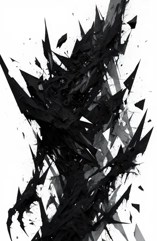 Digital abstract artwork depicting chaotic black jagged shapes with sharp edges and fragmented forms on a white background, creating a dark and intense composition.