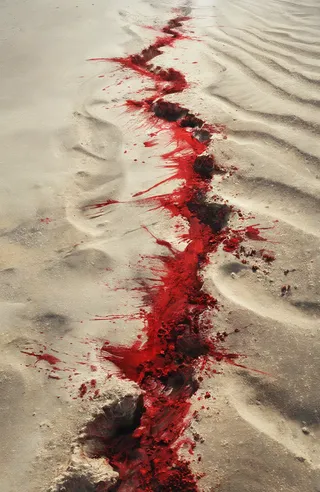 A vivid red blood-like line splattered and painted along a jagged crack on a sandy surface, spreading splashes and rough textures across the beach sand.