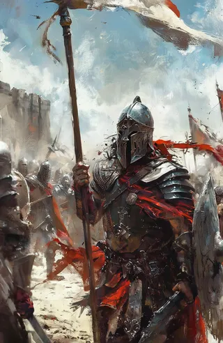 A medieval knight in full armor holding a flag staff on a chaotic battlefield during a siege, surrounded by armored soldiers with red accents.