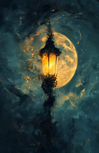A glowing lamp post with vibrant light against a large glowing full moon and a swirling dark night sky.