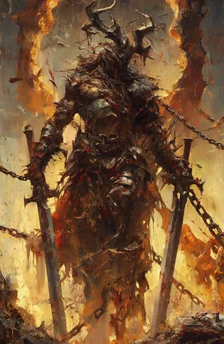 A dark, armored knight armed with two large swords stands amidst raging fire and broken chains, evoking hatred and apocalyptic fury.